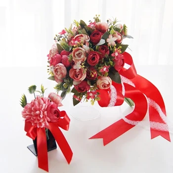 2017 Europos Rūmus Atkurti Senovės Būdų, kaip Nuotakos Puokštė Vertus Raudona Rožinė Rožė Gėlių Bridesmaid, 25 cm Skersmens Vestuvių Puokštė