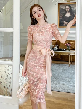 2023 Naujas Saldus Deivė Stiliaus Rožinės Spalvos Nėrinių Suknelė Moterims Vien Kablys Gėlės Tuščiaviduris Lankas Nėrinių Padalinta Skraiste Moterų Sexy Šalies Vestidos