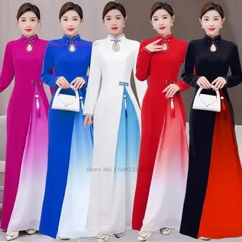 2024 m. aodai tradicinis vietnamo cheongsam suknelė retro gradiento spalvos vintage qipao nacionalinės ao dai suknelė elegantiškas šalis qipao