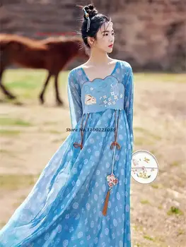 2024 m. kinijos hanfu suknelė liaudies kostiumas tradicinių nacionalinių ilgą šifono suknelę senovės gėlių spausdinti siuvinėjimas princesė suknelė