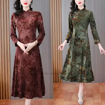 2024 m. kinijos pagerėjo qipao derliaus cheongsam suknelė nacionalinė gėlė žakardo aksomo qipao rytų pokylių vakarinę suknelę vestido