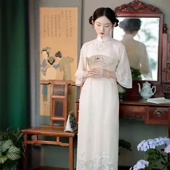 2024 m. pavasario ir vasaros kinijos liaudies respublika, siuvinėjimo pagerėjo elegantiškas qipao suknelė moterims grakštus šalies nėrinių cheongsam vestido