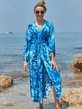 Blue Print Kimono Paplūdimio Suknelė Sarongs Cover-up maudymosi Kostiumėliai, Pareo Paplūdimio Tunika Maudymosi Kostiumą, Saida de Praia Bikini Padengti Iki Q1169