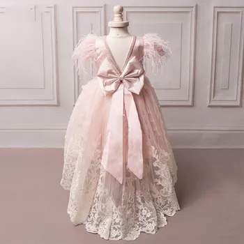 Blush Pink Mergina Komunijos Suknelės Mergaitėms Inscenizacija Suknelė Appliques Lankas Gėlių Mergaitės Suknelė Vaikams Gimtadienio Dėvėti Apribota Rankovėmis