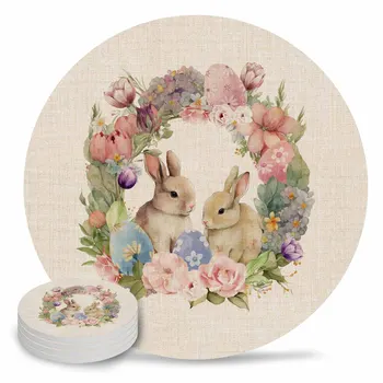Easter Bunny Kiaušiniai Akvarelė Gėlės, Keramikos Miestelyje Nustatyti, Virtuvės Stalas Apvalus Placemat Prabangus Dekoras Kavos, Arbatos Puodelio Padėkliukai