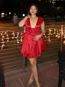 Elegantiškas Raudonas 3d Gėlių V Kaklo Suknelė Atsitiktinis Moterų Backless-line Suknelė Trumpas Vestidos Vakare Kokteilių Vakarėlį Clubwear Streetwear