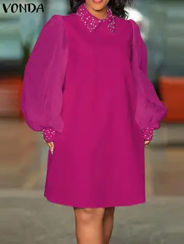 Elegantiškas vientisos Spalvos Mini Suknelė VONDA 2023 Moterų Nėriniai Kratinys Mados ilgomis Rankovėmis Atvartas, Kaklas Trumpas Šalis Suknelė Atsitiktinis Vestidos