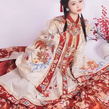 Hanfu moterų 2023 m. rudens ir žiemos naujas siuvinėjimo debesis peties arklių veido sijonas didelis rankovės senovės kostiumas pagamintas iš koi raudonos spalvos kostiumas