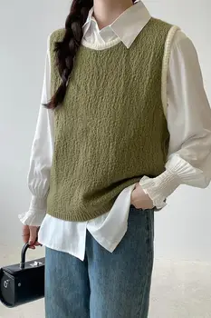 Korėjos rudens madingas retro dizainas madinga vientisų spalvų marškinėliai + apvalios kaklo žievės klostyti megztus liemenė-dviejų dalių kostiumėlį chic