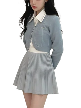 Megzti Korėjos Mados 3 Dalių Rinkinys Moterims Shirring Prancūzijos Derliaus Mini Sijonas Kostiumas Moterų Priežastinis Saldus Drabužių 2023 M. Rudenį Naujų
