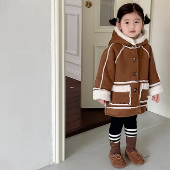 Mergaičių Paltai 2023 Žiemos Naujas Sutirštės Korėjos Stiliaus Vilnonis Kailis Ilgas, Atsitiktinis Paprasta Ir Madingų Vaikų, Šiltas Saldus Mergaičių Paltai
