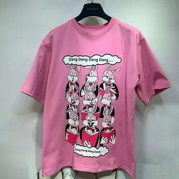 Mielas Triušis Cartton Spausdinimo Moterų Rose Pink T Marškinėliai Trumpomis Rankovėmis 100% Medvilnės Atsitiktinis Estetikos Viršūnių Tees 2024 Kpop Marškinėliai
