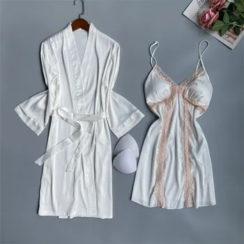 Moteriški Balti Satino Ir Nėrinių Namų Drabužių Seksualus Dviejų dalių Drabužius Suknelė Rinkiniai Elegantiškas V-kaklo Sleepwear naktiniai marškinėliai