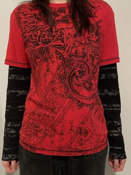 Moteriški Grunge Viršūnes Abstrakčiai Spausdinti ilgomis Rankovėmis Apvalios Kaklo Laisvi Marškinėliai Netikrą Dviejų dalių Streetwear Viršūnės