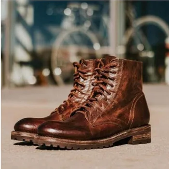 Nauja Rudens/žiemos nėriniai-up apvalios galvos mažas kojos batai suvarstomi švarus spalvos trumpas vamzdis kvadratinis kulno purškimo dažytos vyriški odiniai batai