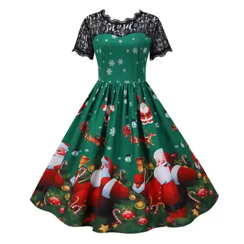 Nėriniai Kalėdų Suknelė Moterims 2022 Naujas trumpomis Rankovėmis Spausdinti Aukštos Juosmens Elegantiška Vintage Žiemos Kalėdos Šalis Sundress 2XL Skraiste