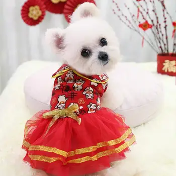 Pavasario Šventė Kinų Stiliaus Pet Suknelė Su Mygtuką Švenčių Pasisekė-cat Modelis Minkštas Patogus Naujųjų Metų Drabužių Šunims, Katėms