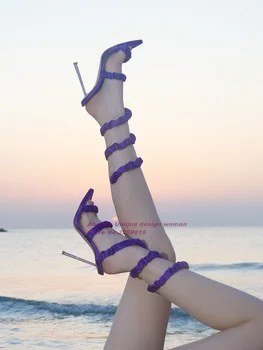 Plisuotos Violetinė Stiletto Kulniukai Sandalai Pažymėjo Tne Paslysti Ant Kryžiaus Strappy Moterų Sandalai 2023 Naujas Vasaros Kietas Elegantiškas Batų Šalis