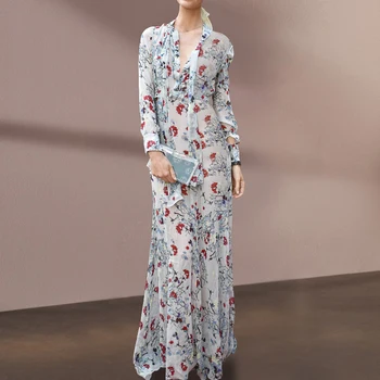 Senovinių Gėlių Atspausdintas Šifono Vestidos Para Mujer 2023 M. Pavasarį Naujas, Elegantiškas Lankas ilgomis Rankovėmis Plisuotos Maxi Suknelės Moterims