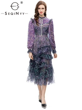 SEQINYY Atsitiktinis Midi Suknelė Vasarą, Pavasarį, Naujų Mados Dizaino Moterų kilimo ir tūpimo Tako Raukiniai Gėlių Spausdinti Derliaus Blizgučiais Purple Elegantiškas