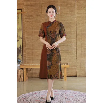 Tradicinis Mandarinų Apykaklės Trumpas Rankovės Gėlių Spausdinti Sujungimas Satin A-Line Cheongsam Moterų Kinų Stiliaus Vestuvių Qipao Suknelė