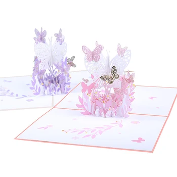 Violetinis Drugelis Gimtadienio Pop-Up Kortelės Drugelis Gėlių Krepšelis 3D Atvirukai Moterims Mergina Dukra Motinos Diena