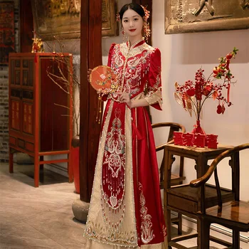 Yourqipao Kinijos Xiuhe Drabužių Senovės Vestuvių Suknelė Moterims Vestuvių Skrudinta Duona Vakarines Sukneles Nuotakos Sužadėtuvių Cheongsam Rinkiniai
