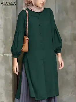 ZANZEA Moterų Mados Kietas Musulmonų Viršūnes Ilgai Marškinėliai Rudenį Atvartas Kaklo Sluoksniuotos Rankovėmis Palaidinė Atsitiktinis Padalinti Hem Hijab Islamo Apranga